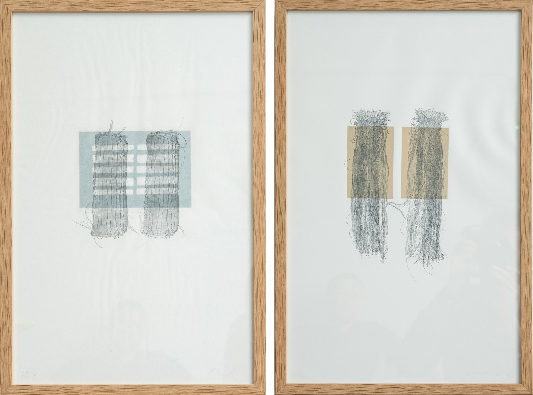 Two prints showing a string-like material and blocks of pastel colour